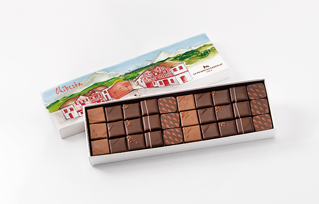 Illustration à l'aquarelle sur le pays basque pour packaging de chocolat